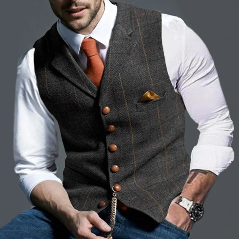 Herren Tweed-Weste im Vintage-Stil mit Revers, Brusttasche und Zierkettendetail Nord Taschen