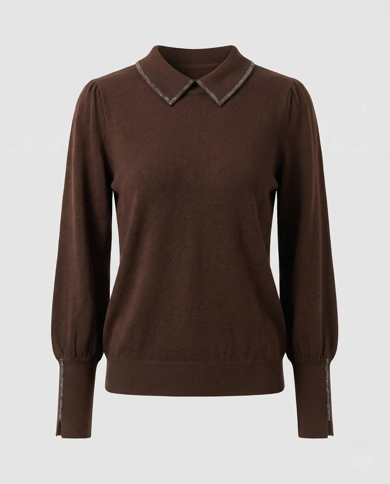 Damen Feiner Strickpullover mit Schmuckkragen und verlängerten Manschetten Nord Taschen