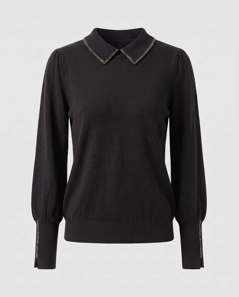 Damen Feiner Strickpullover mit Schmuckkragen und verlängerten Manschetten Nord Taschen