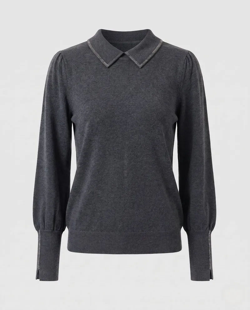 Damen Feiner Strickpullover mit Schmuckkragen und verlängerten Manschetten Nord Taschen