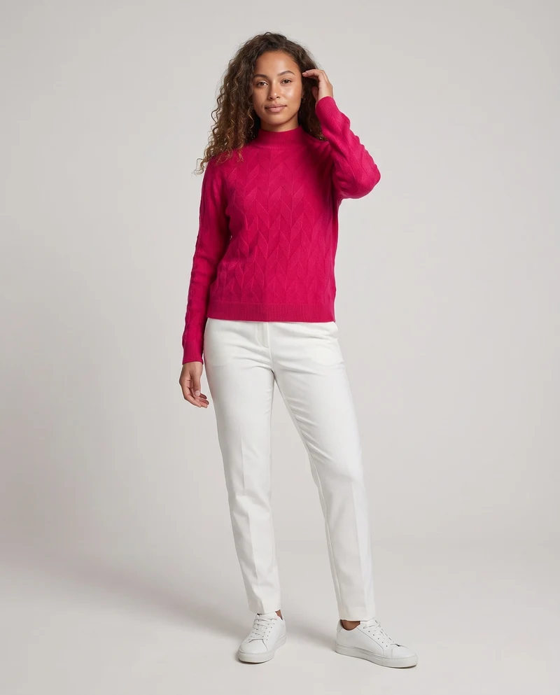 Damen Feiner Strickpullover mit geometrischer Ajourstruktur und schmalem Stehkragen Nord Taschen