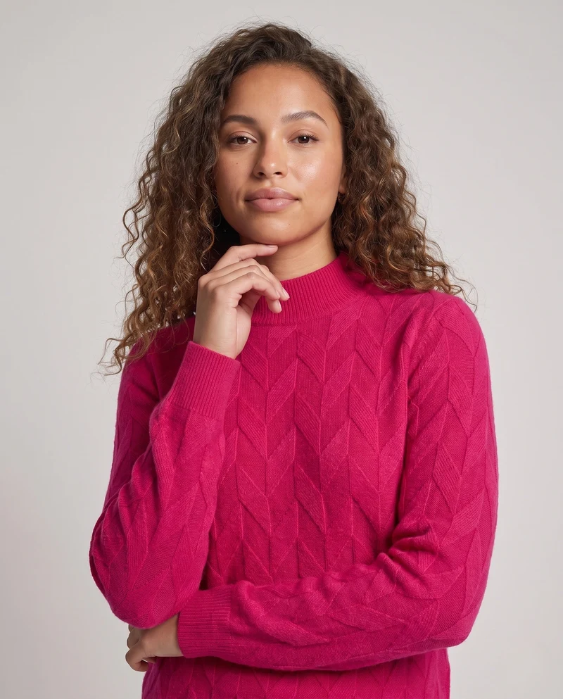 Damen Feiner Strickpullover mit geometrischer Ajourstruktur und schmalem Stehkragen Nord Taschen