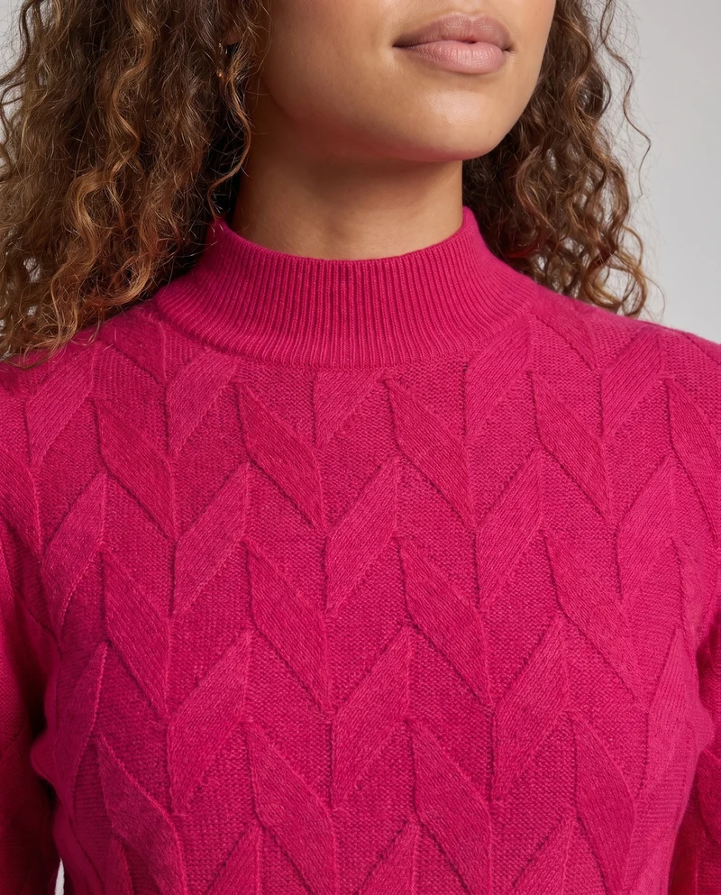 Damen Feiner Strickpullover mit geometrischer Ajourstruktur und schmalem Stehkragen Nord Taschen