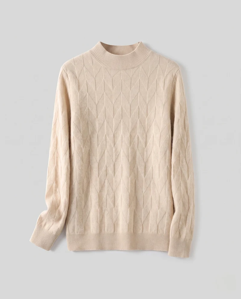 Damen Feiner Strickpullover mit geometrischer Ajourstruktur und schmalem Stehkragen Nord Taschen