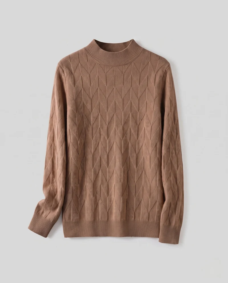 Damen Feiner Strickpullover mit geometrischer Ajourstruktur und schmalem Stehkragen Nord Taschen
