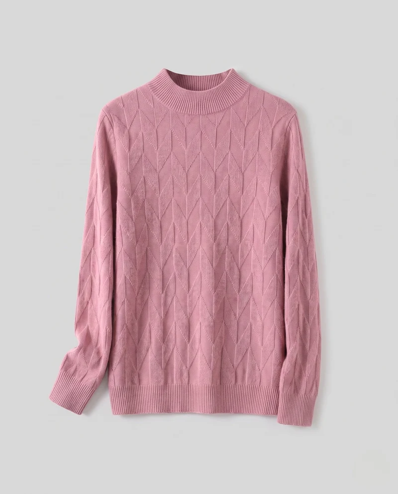 Damen Feiner Strickpullover mit geometrischer Ajourstruktur und schmalem Stehkragen Nord Taschen