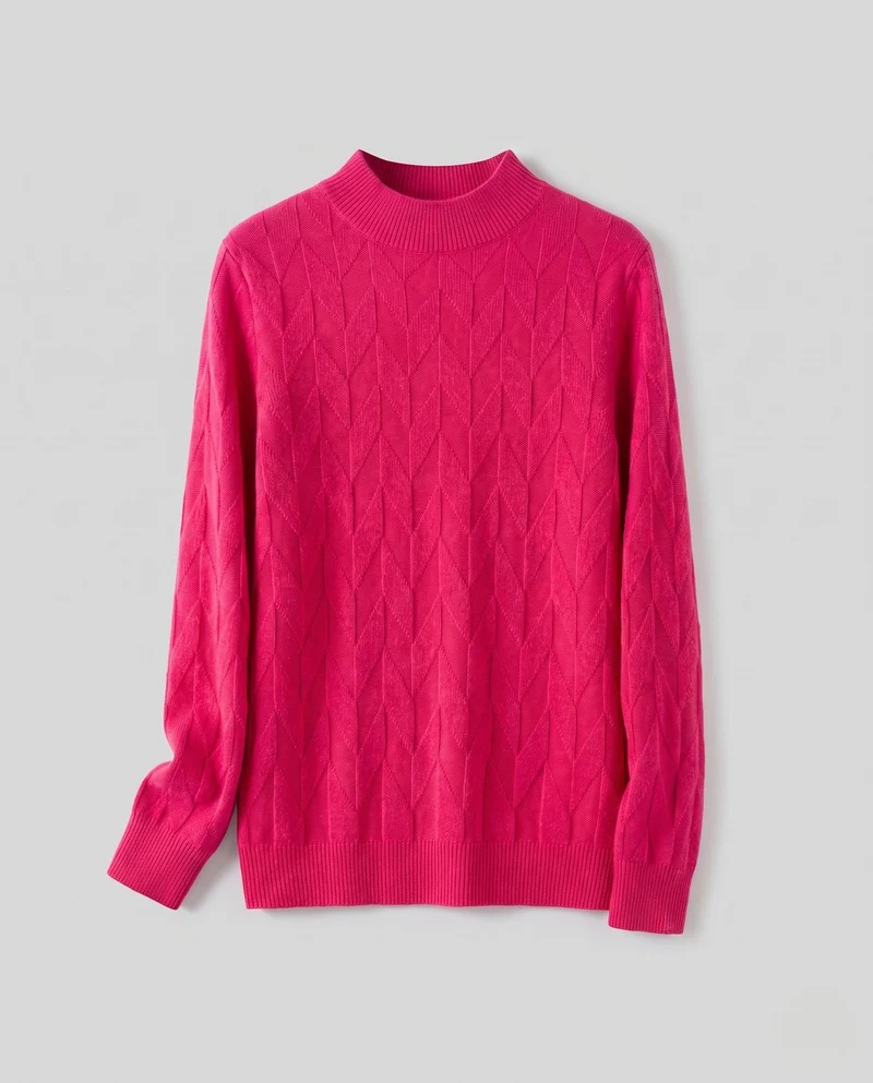 Damen Feiner Strickpullover mit geometrischer Ajourstruktur und schmalem Stehkragen Nord Taschen