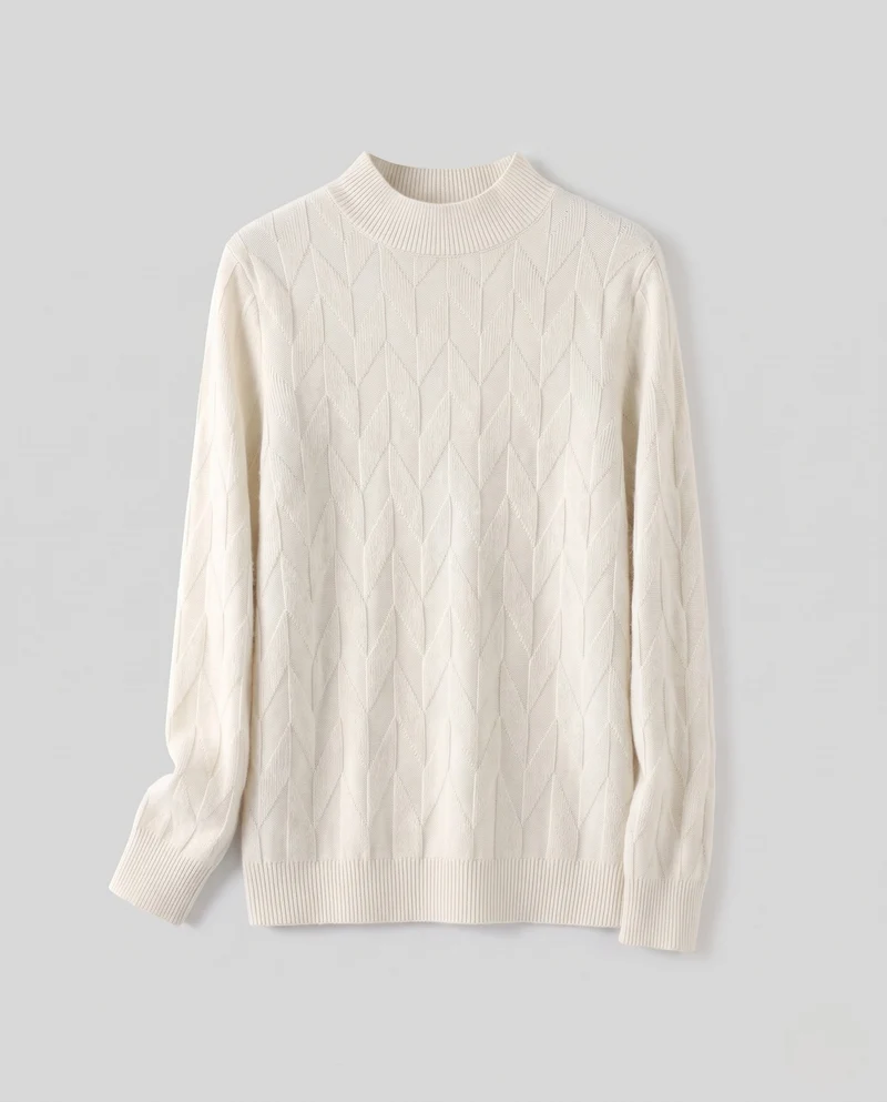 Damen Feiner Strickpullover mit geometrischer Ajourstruktur und schmalem Stehkragen Nord Taschen