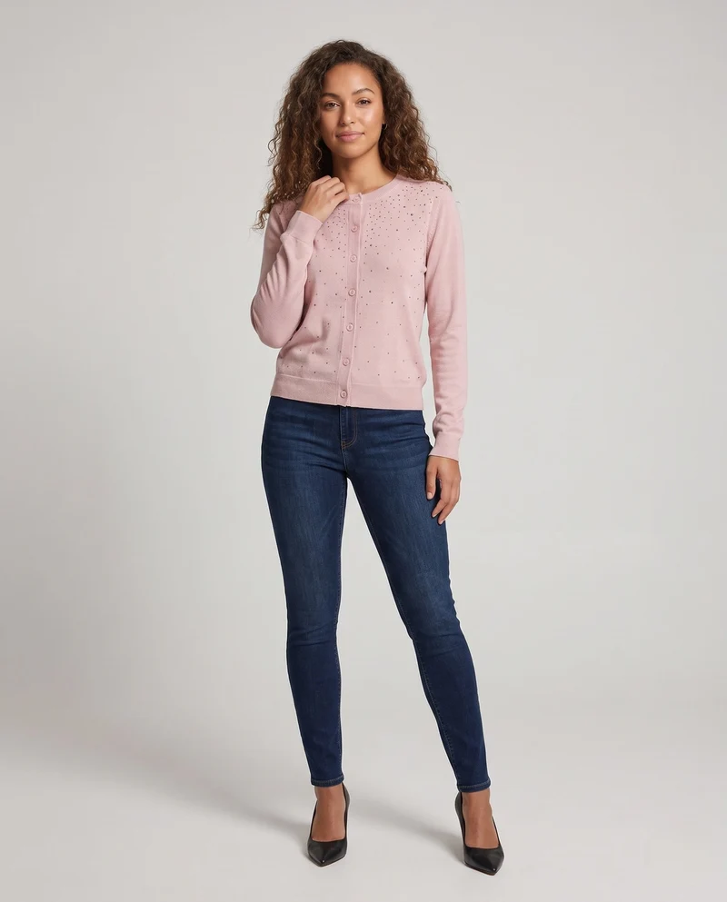 Damen Feiner Strickcardigan mit Schmuckstein‑Besatz, Rundhalsausschnitt und Knopfleiste Nord Taschen