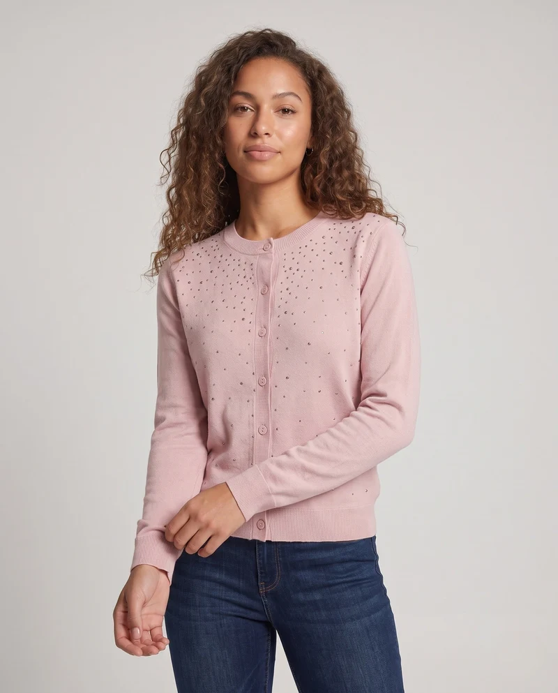 Damen Feiner Strickcardigan mit Schmuckstein‑Besatz, Rundhalsausschnitt und Knopfleiste Nord Taschen