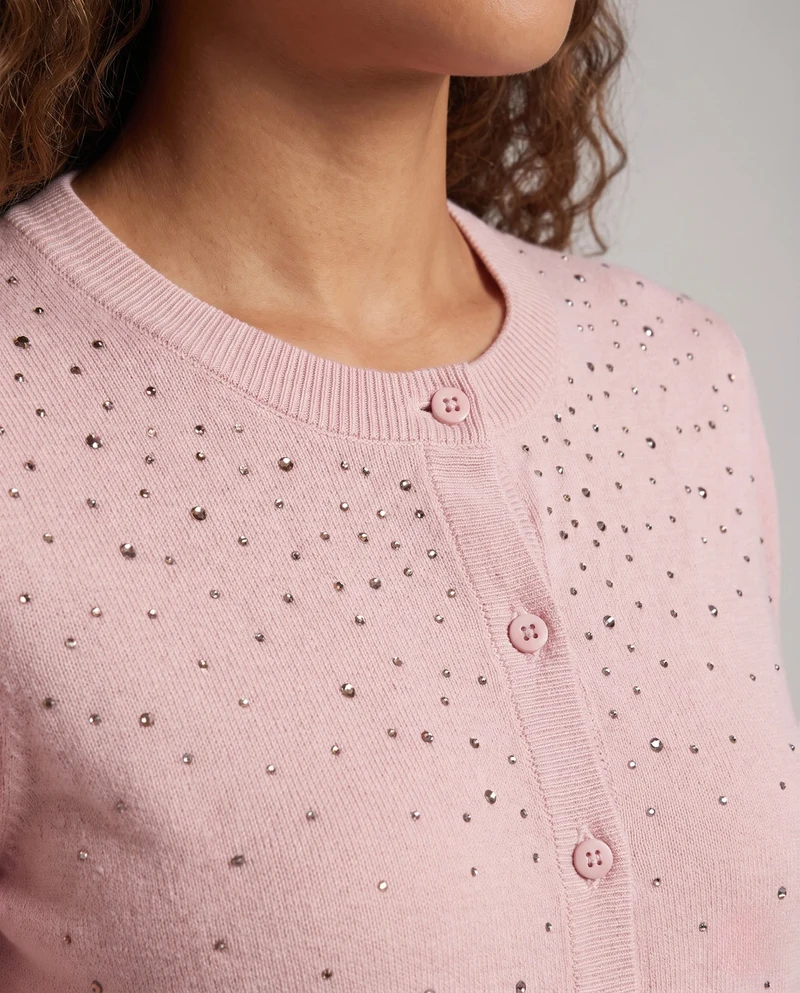 Damen Feiner Strickcardigan mit Schmuckstein‑Besatz, Rundhalsausschnitt und Knopfleiste Nord Taschen