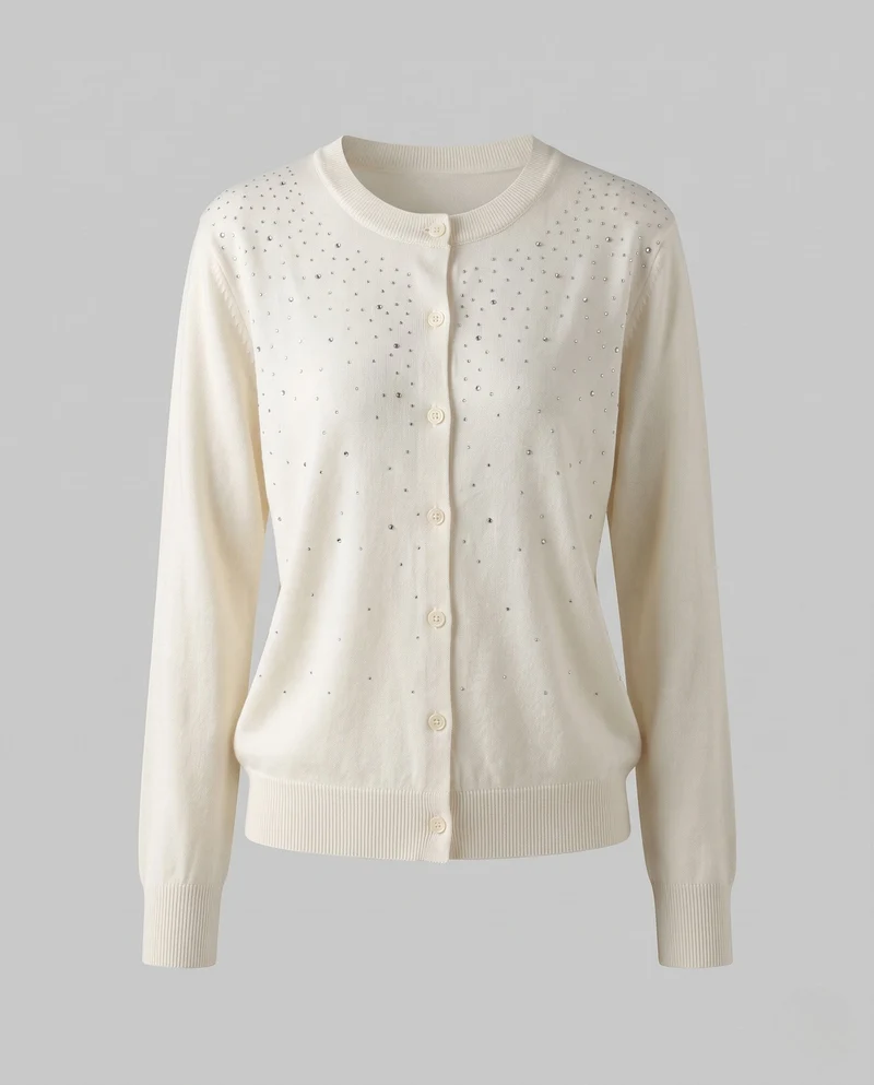 Damen Feiner Strickcardigan mit Schmuckstein‑Besatz, Rundhalsausschnitt und Knopfleiste Nord Taschen
