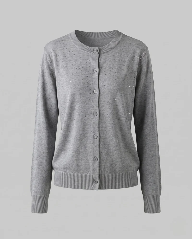 Damen Feiner Strickcardigan mit Schmuckstein‑Besatz, Rundhalsausschnitt und Knopfleiste Nord Taschen