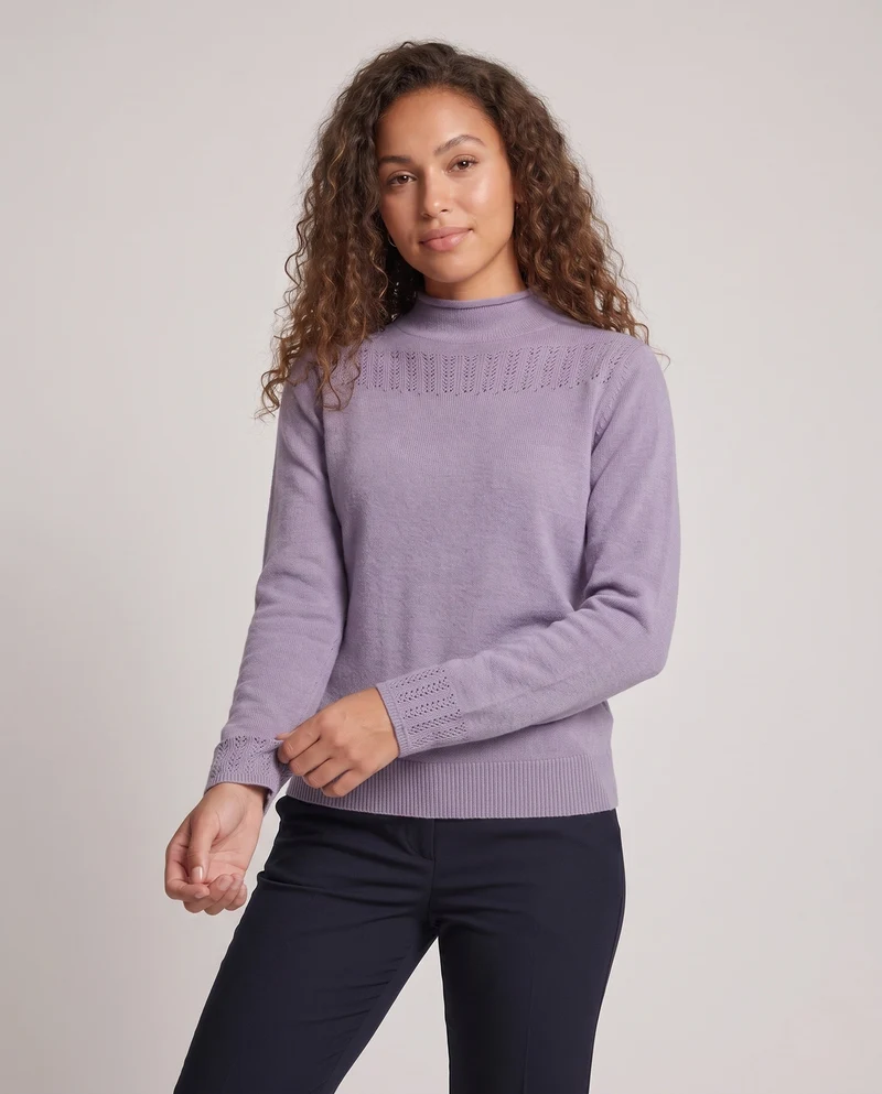 Damen Feiner Strickpullover mit Ajour‑Yoke, Stehkragen und Spitzenärmelmanschetten Nord Taschen
