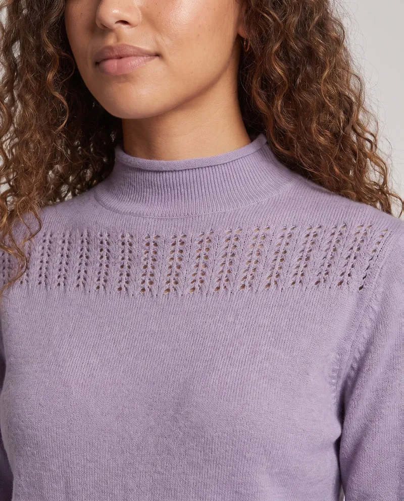 Damen Feiner Strickpullover mit Ajour‑Yoke, Stehkragen und Spitzenärmelmanschetten Nord Taschen