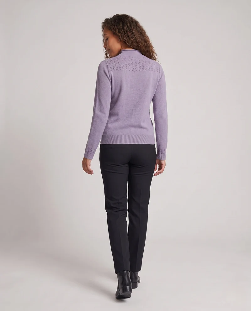 Damen Feiner Strickpullover mit Ajour‑Yoke, Stehkragen und Spitzenärmelmanschetten Nord Taschen