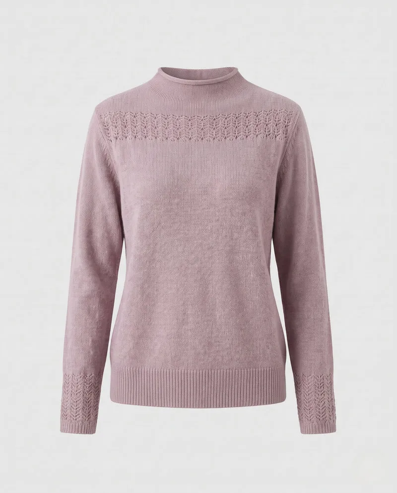Damen Feiner Strickpullover mit Ajour‑Yoke, Stehkragen und Spitzenärmelmanschetten Nord Taschen