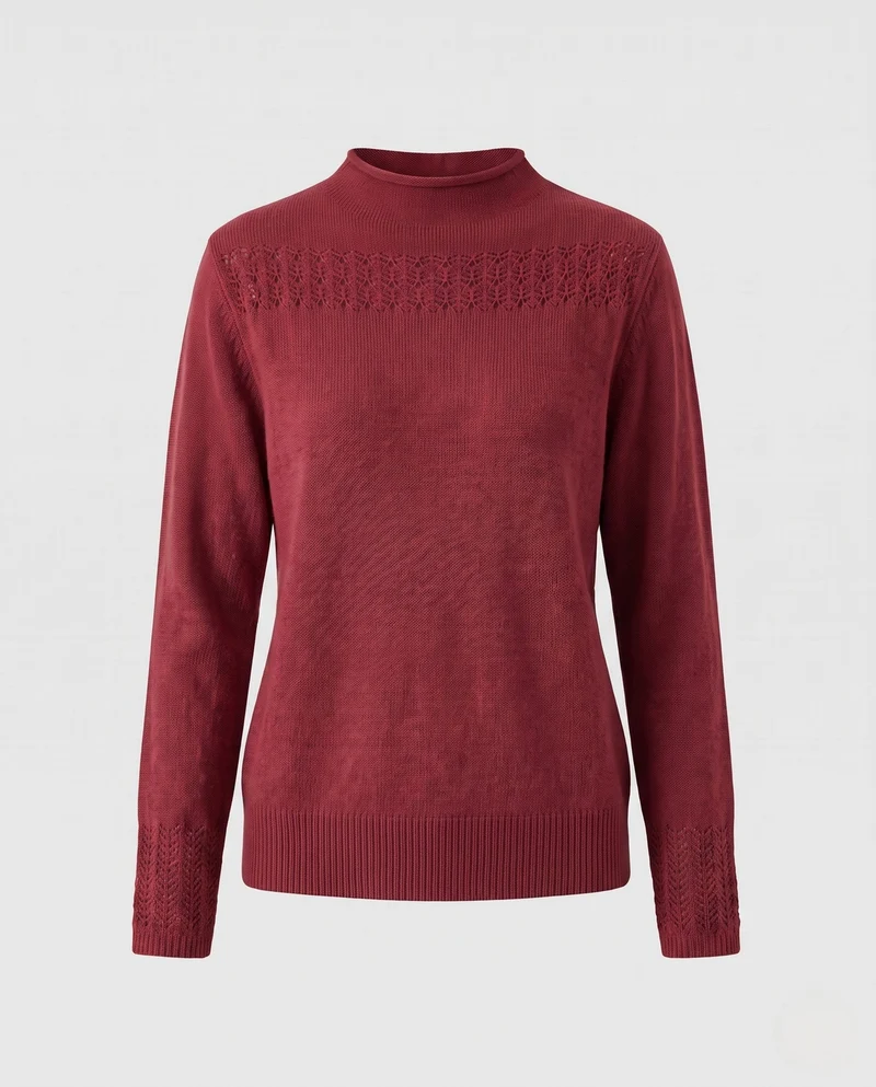 Damen Feiner Strickpullover mit Ajour‑Yoke, Stehkragen und Spitzenärmelmanschetten Nord Taschen