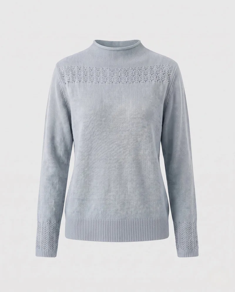 Damen Feiner Strickpullover mit Ajour‑Yoke, Stehkragen und Spitzenärmelmanschetten Nord Taschen