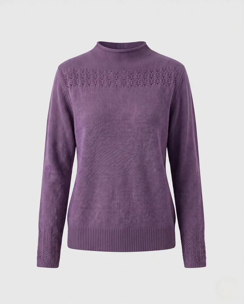 Damen Feiner Strickpullover mit Ajour‑Yoke, Stehkragen und Spitzenärmelmanschetten Nord Taschen