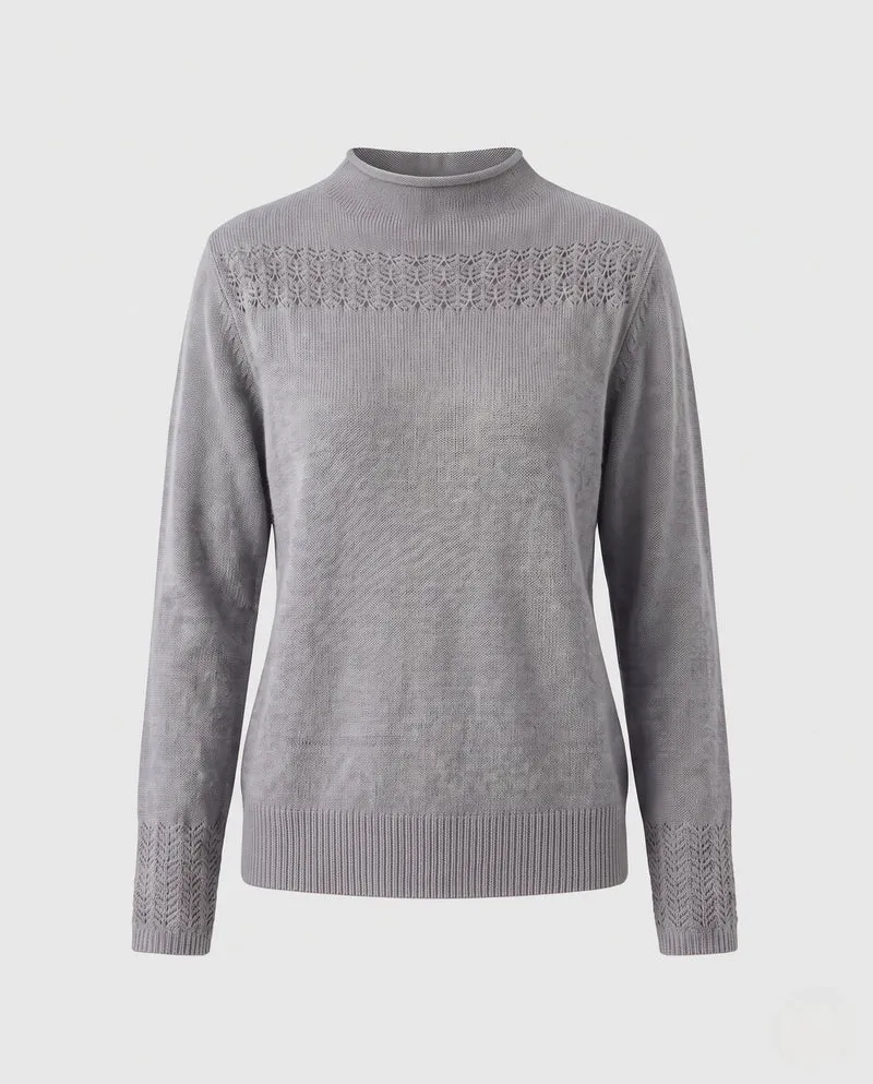Damen Feiner Strickpullover mit Ajour‑Yoke, Stehkragen und Spitzenärmelmanschetten Nord Taschen