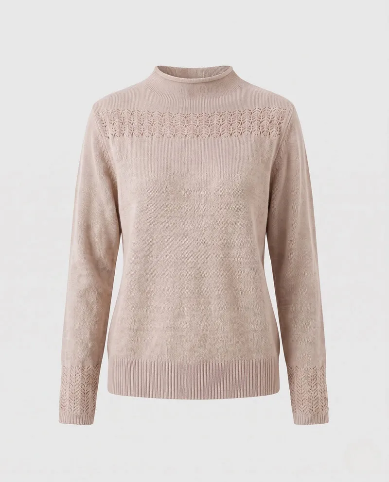 Damen Feiner Strickpullover mit Ajour‑Yoke, Stehkragen und Spitzenärmelmanschetten Nord Taschen
