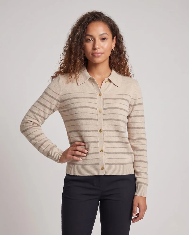 Damen Feiner Streifen-Knopfcardigan mit Hemdkragen und kaschmirähnlicher Weichheit Nord Taschen