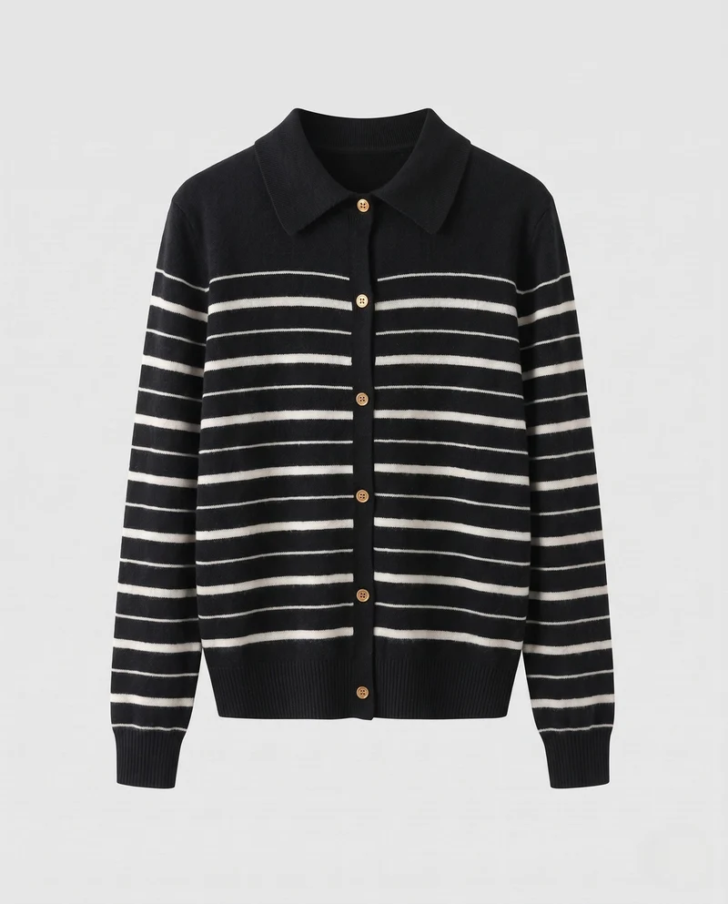 Damen Feiner Streifen-Knopfcardigan mit Hemdkragen und kaschmirähnlicher Weichheit Nord Taschen