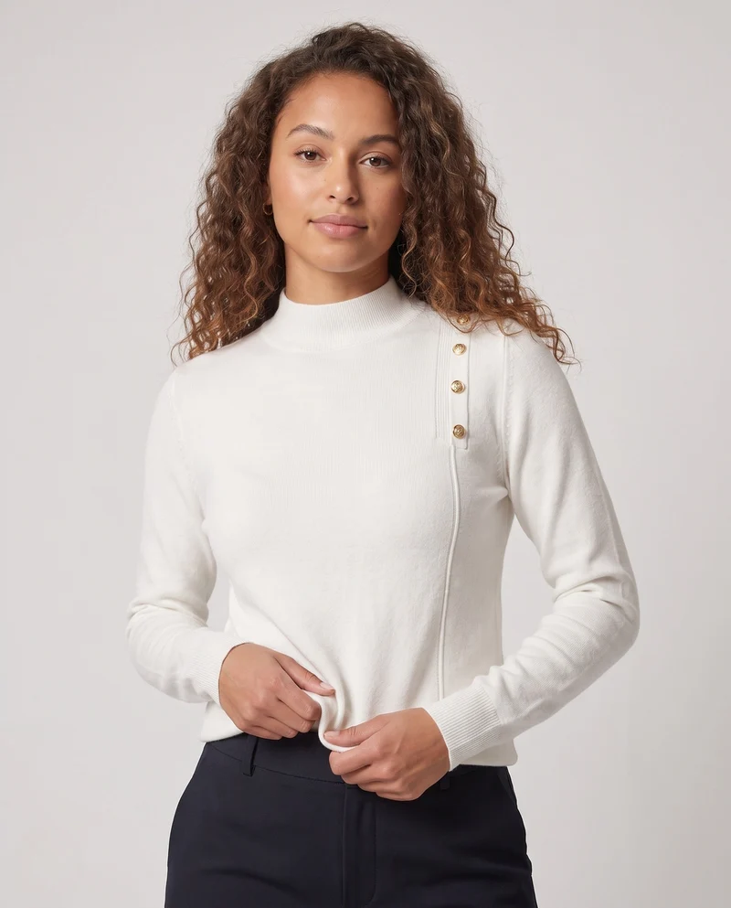 Damen Feiner Stehkragenpullover mit Schulterknopf-Detail und kaschmirähnlichem Finish Nord Taschen