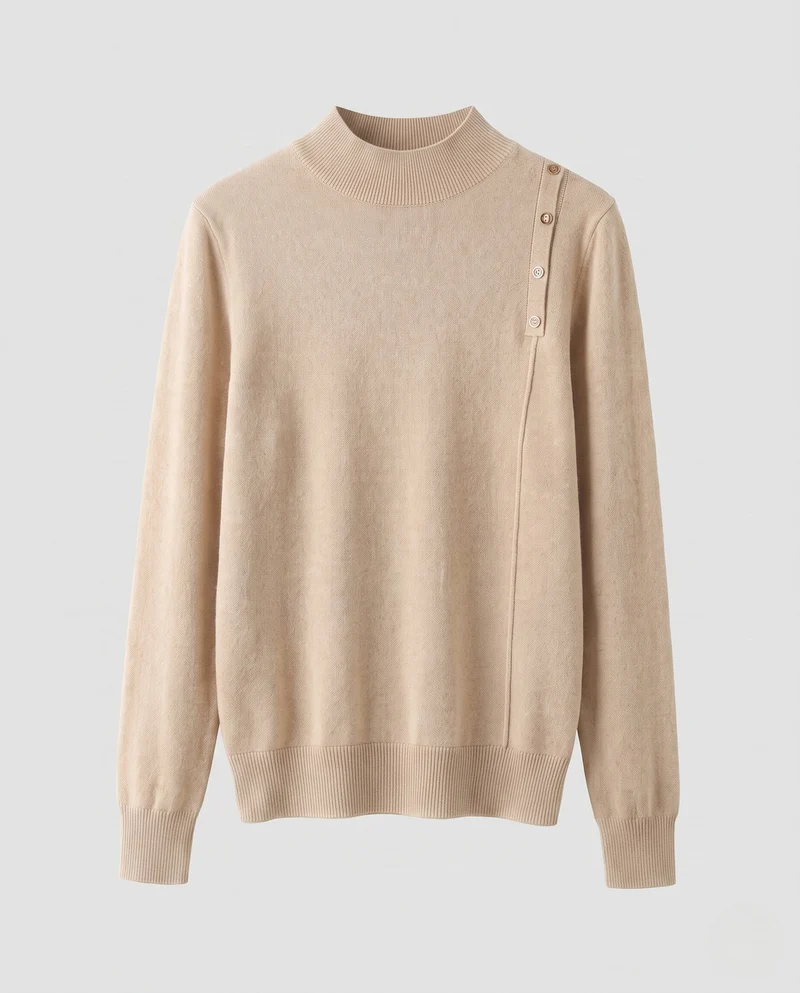 Damen Feiner Stehkragenpullover mit Schulterknopf-Detail und kaschmirähnlichem Finish Nord Taschen