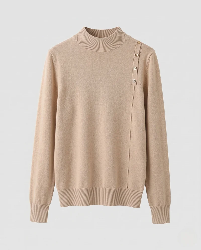 Damen Feiner Stehkragenpullover mit Schulterknopf-Detail und kaschmirähnlichem Finish Nord Taschen
