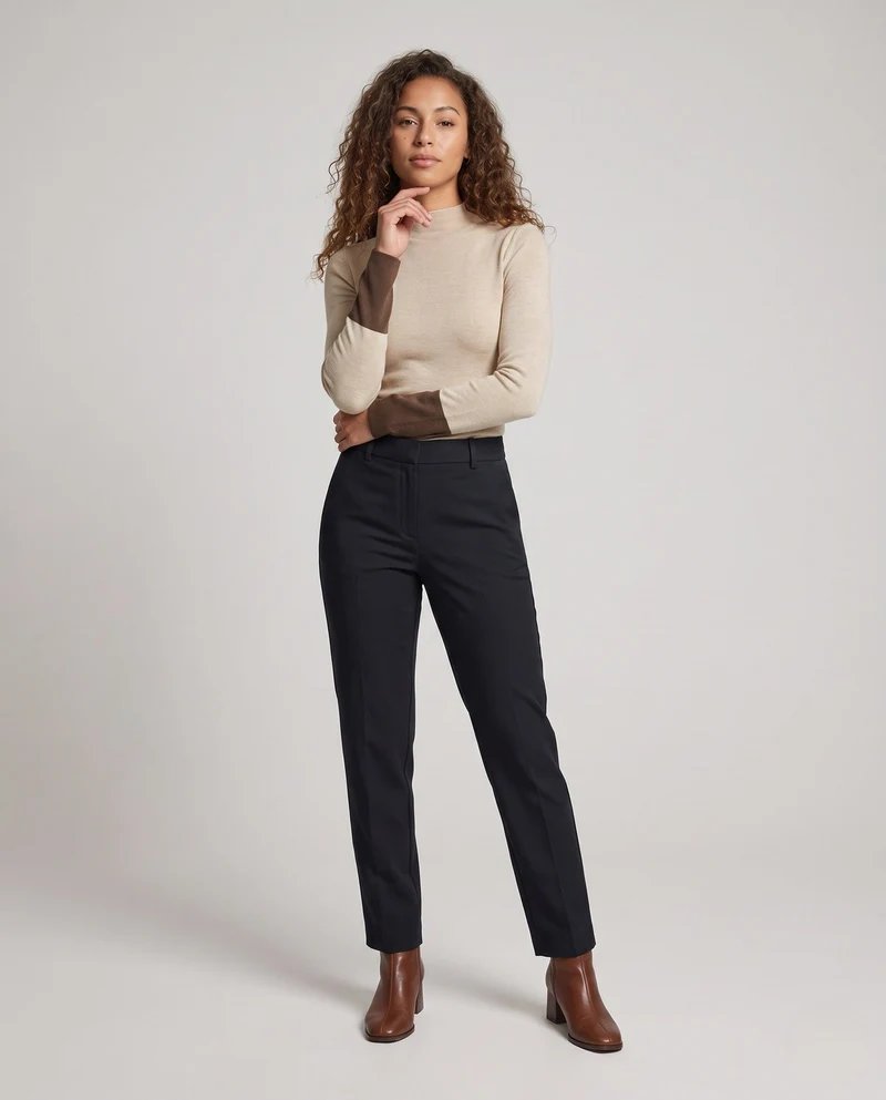 Damen Feiner Slim-Fit Stehkragenpullover aus Kaschmir‑Optik mit kontrastierenden Ärmelabschlüssen Nord Taschen