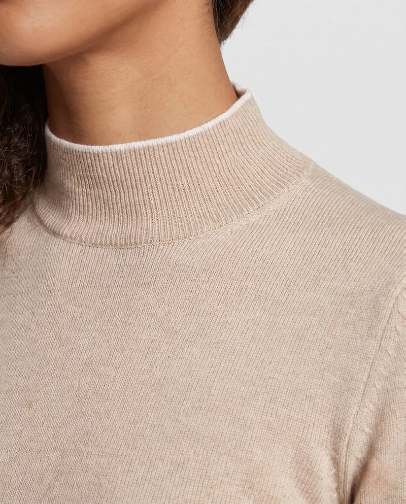 Damen Feiner Slim-Fit Stehkragenpullover aus Kaschmir‑Optik mit kontrastierenden Ärmelabschlüssen Nord Taschen