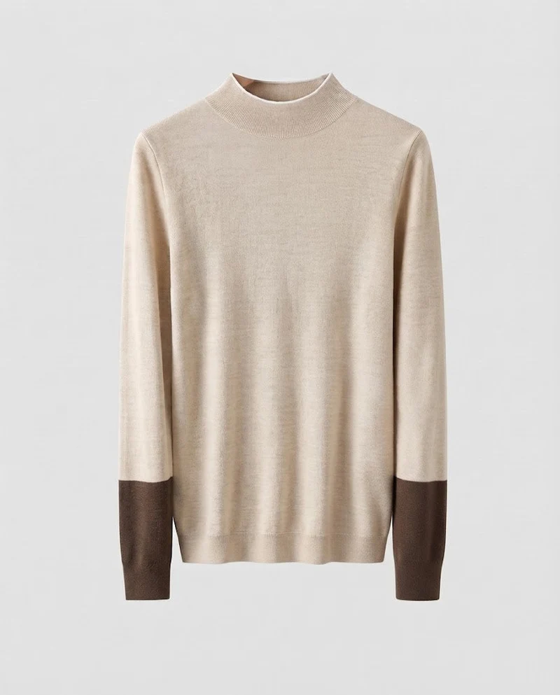 Damen Feiner Slim-Fit Stehkragenpullover aus Kaschmir‑Optik mit kontrastierenden Ärmelabschlüssen Nord Taschen