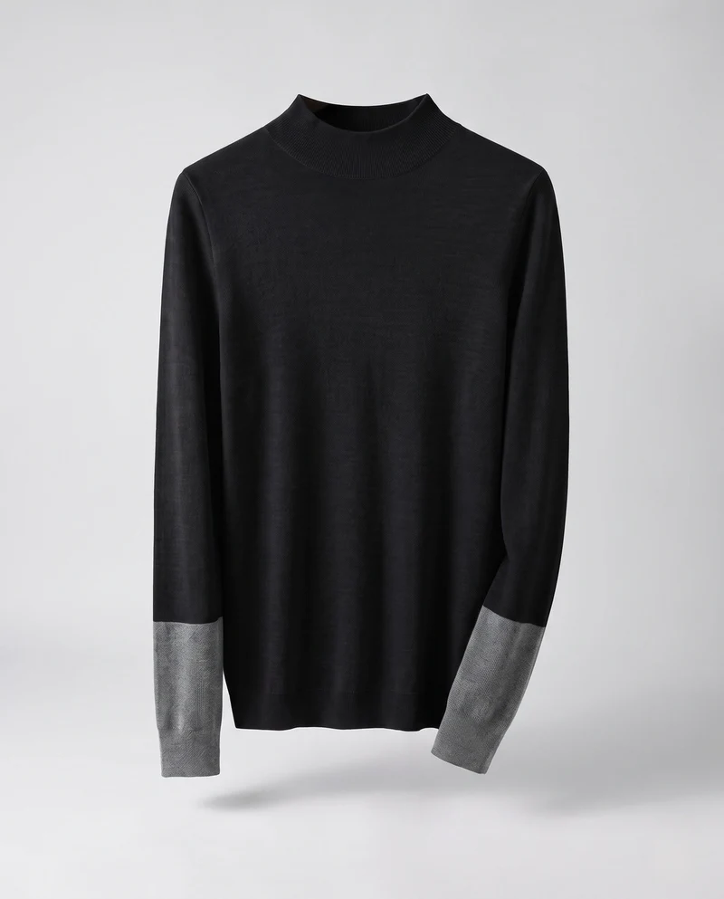 Damen Feiner Slim-Fit Stehkragenpullover aus Kaschmir‑Optik mit kontrastierenden Ärmelabschlüssen Nord Taschen