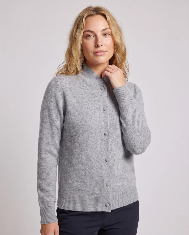 Damen Elegante Stehkragen‑Strickjacke aus flauschigem Mohair‑Look mit verdeckter Knopfleiste Nord Taschen
