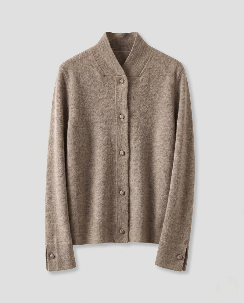 Damen Elegante Stehkragen‑Strickjacke aus flauschigem Mohair‑Look mit verdeckter Knopfleiste Nord Taschen