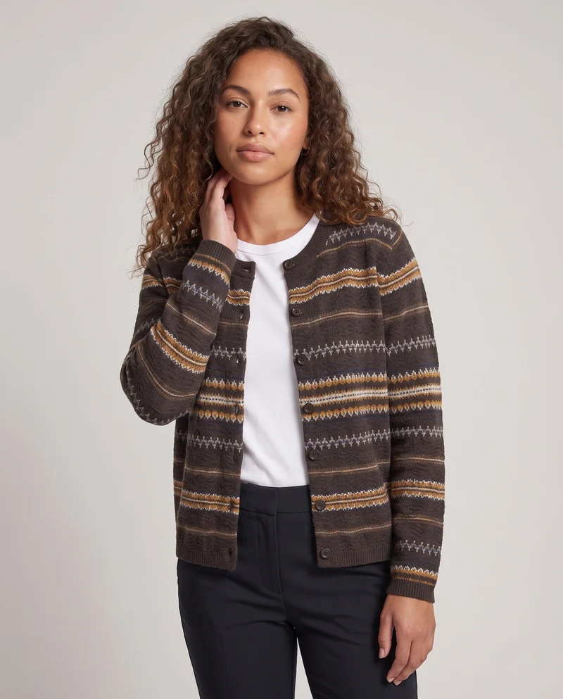 Damen Button-Through Feinstrick-Cardigan mit skandinavischem Ajourstreifen und softem Baumwoll-Mix Nord Taschen