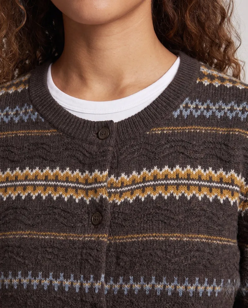 Damen Button-Through Feinstrick-Cardigan mit skandinavischem Ajourstreifen und softem Baumwoll-Mix Nord Taschen