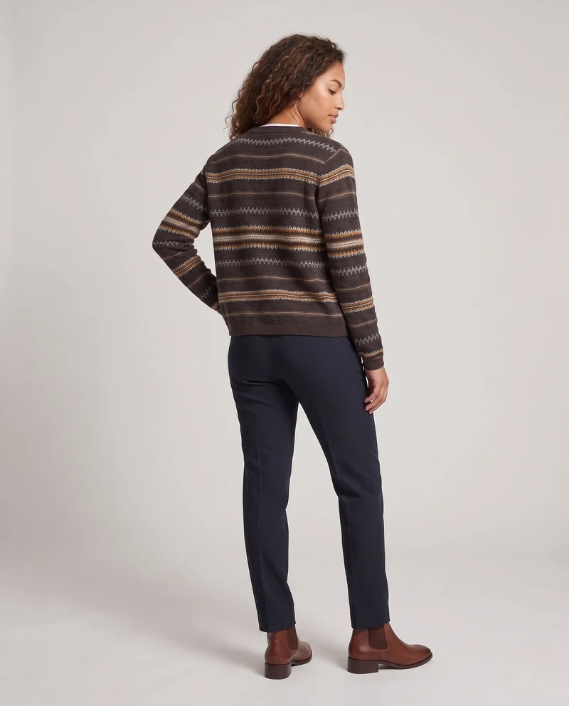 Damen Button-Through Feinstrick-Cardigan mit skandinavischem Ajourstreifen und softem Baumwoll-Mix Nord Taschen