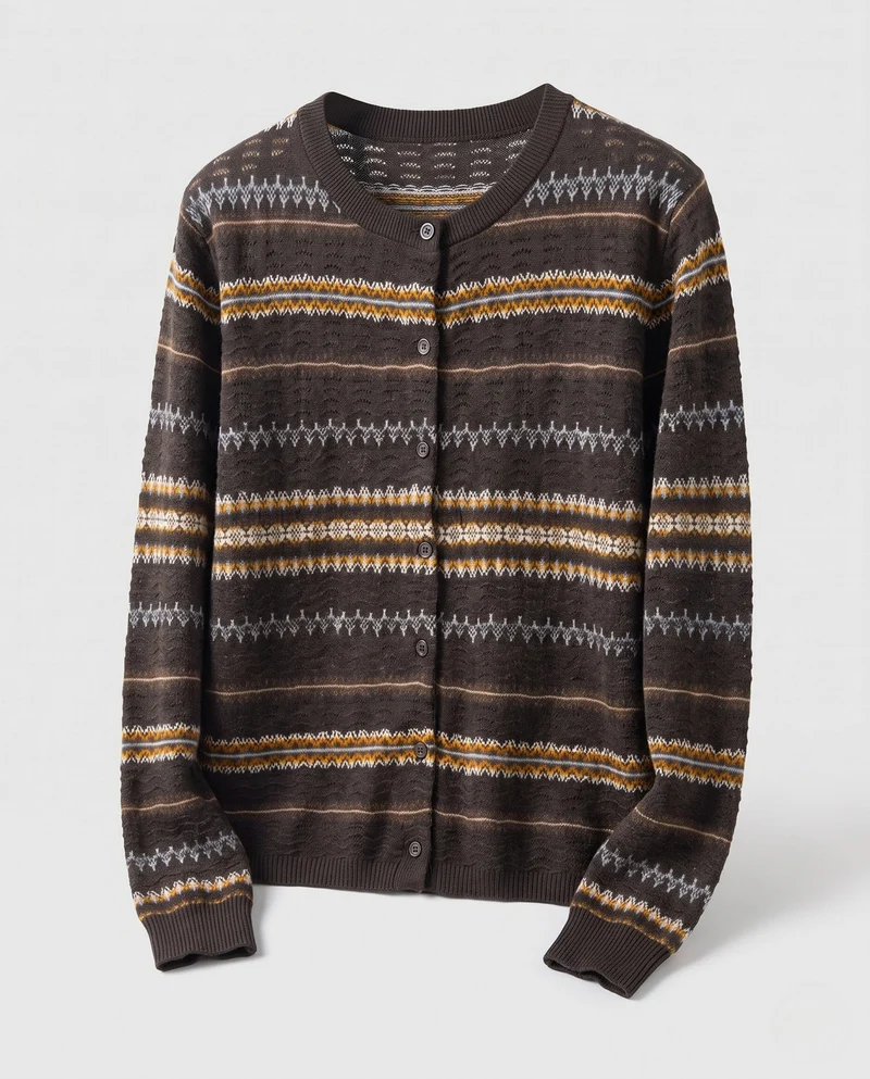 Damen Button-Through Feinstrick-Cardigan mit skandinavischem Ajourstreifen und softem Baumwoll-Mix Nord Taschen