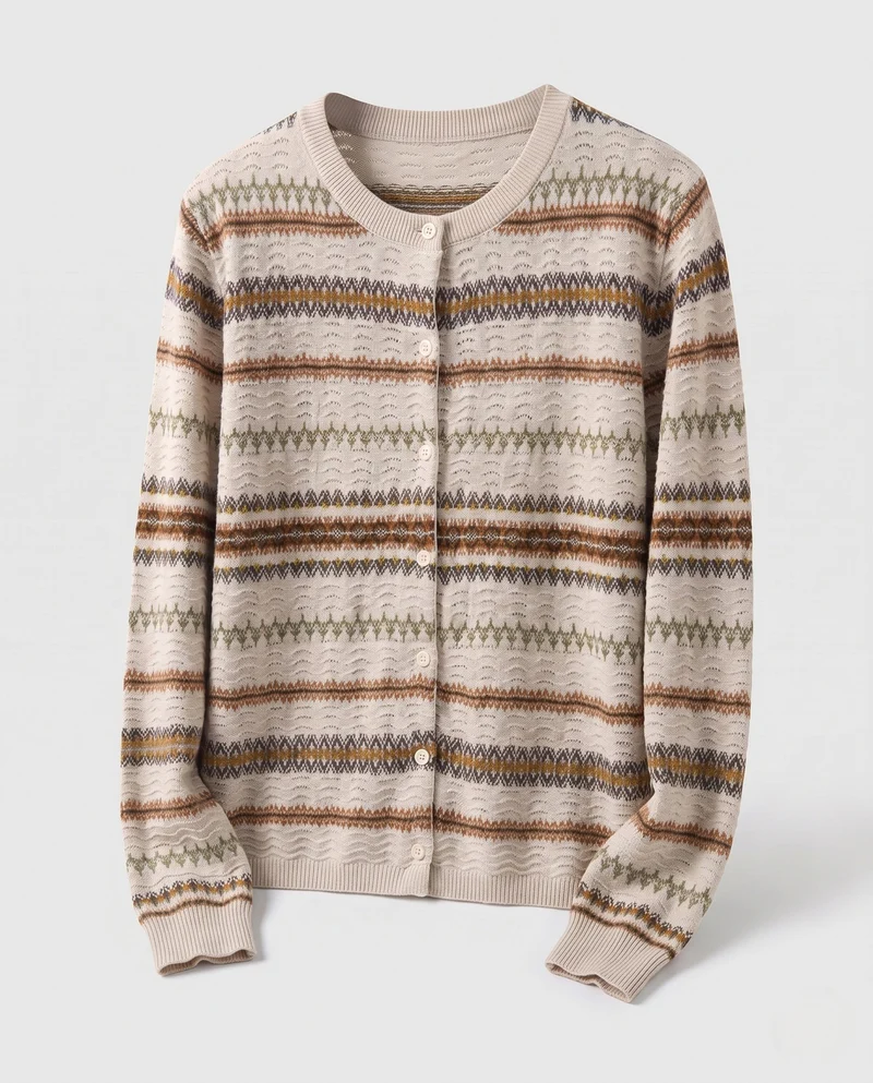 Damen Button-Through Feinstrick-Cardigan mit skandinavischem Ajourstreifen und softem Baumwoll-Mix Nord Taschen