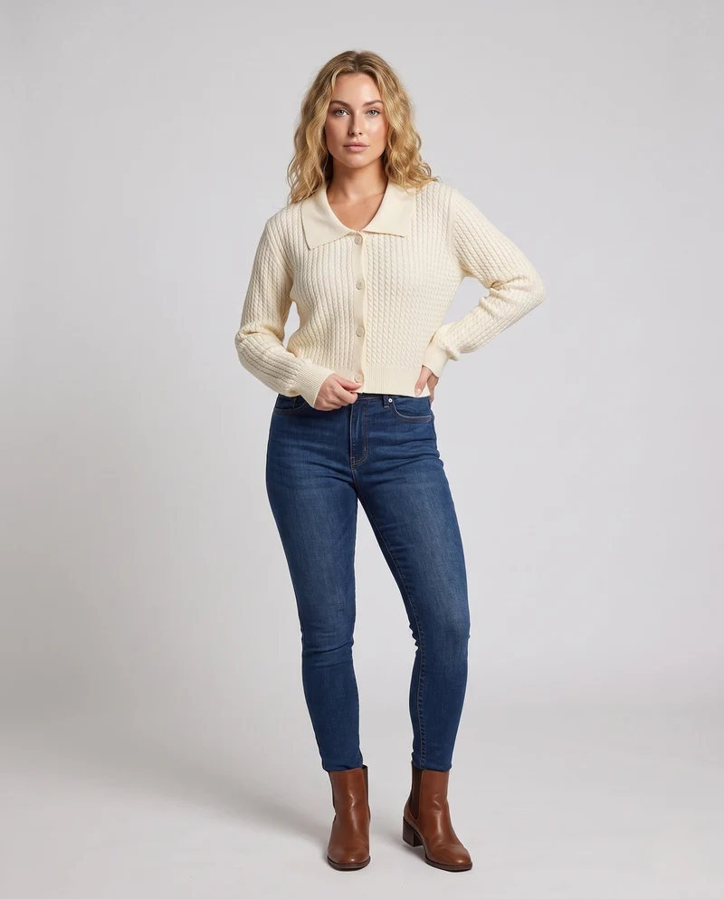 Damen Cropped Zopfstrick-Cardigan mit Hemdkragen und Ballonärmeln Nord Taschen