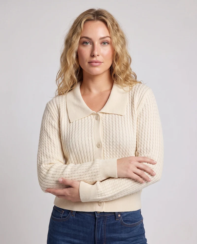 Damen Cropped Zopfstrick-Cardigan mit Hemdkragen und Ballonärmeln Nord Taschen