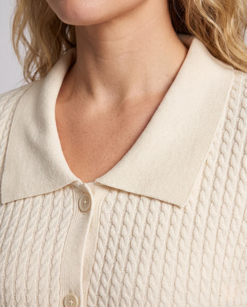 Damen Cropped Zopfstrick-Cardigan mit Hemdkragen und Ballonärmeln Nord Taschen