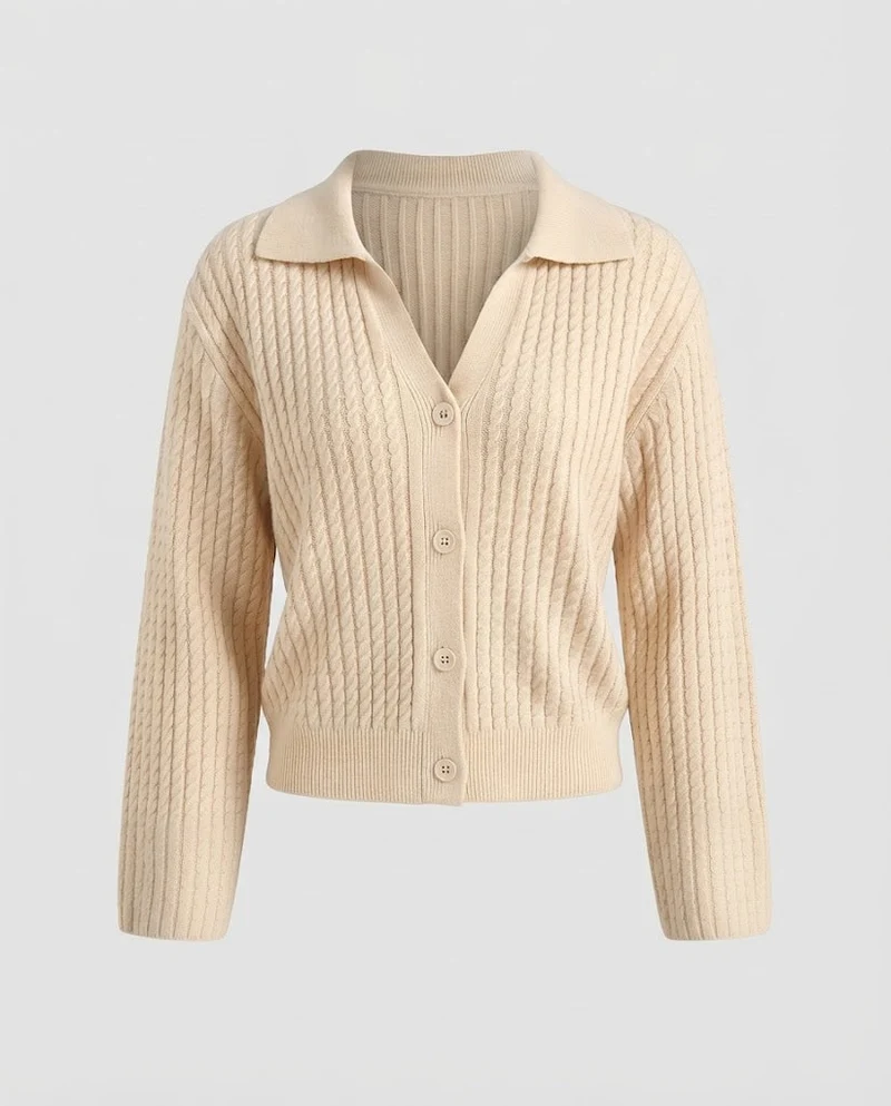 Damen Cropped Zopfstrick-Cardigan mit Hemdkragen und Ballonärmeln Nord Taschen