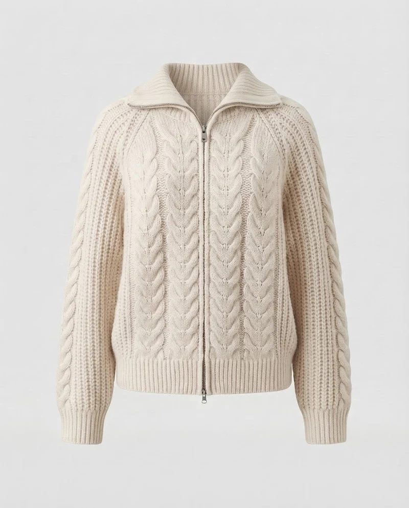 Damen Boxy-Zopfstrickjacke mit kurzem Schnitt, Frontreißverschluss und breitem Stehkragen Nord Taschen