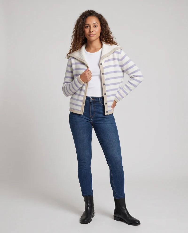 Damen Breton-inspirierter Kapuzen-Cardigan mit soften Feinstrickstreifen Nord Taschen