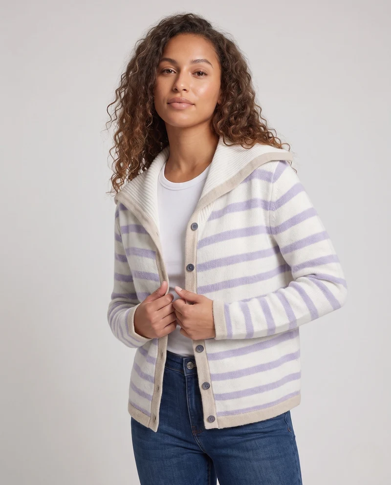 Damen Breton-inspirierter Kapuzen-Cardigan mit soften Feinstrickstreifen Nord Taschen