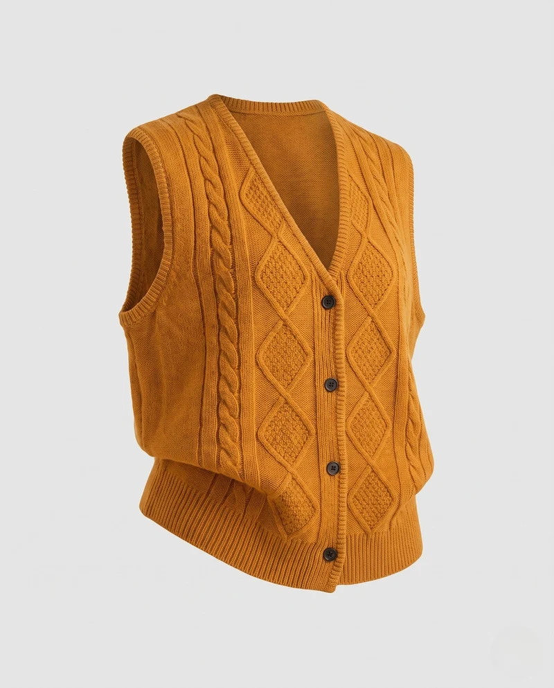 Damen Boxy‑Strickweste mit Diamantstruktur, V‑Ausschnitt und Holzknöpfen Nord Taschen